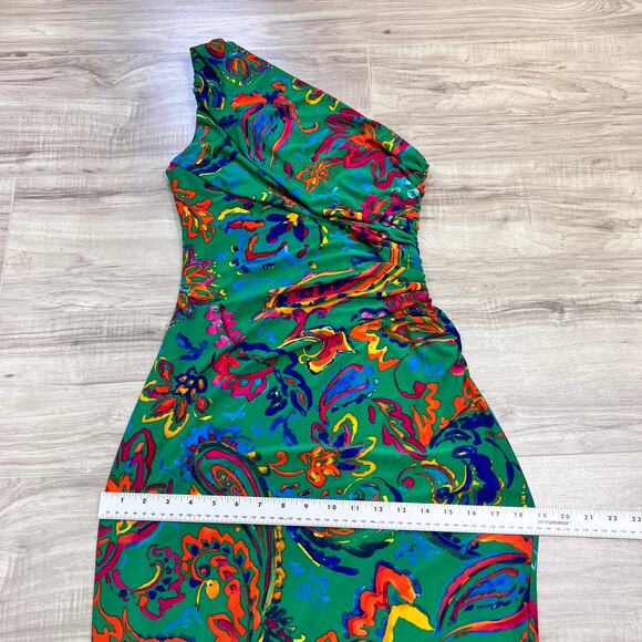 Lauren Ralph Lauren Dress One Shoulder Bodycon Festive Green Paisley Size 2 - Picture 5 of 9